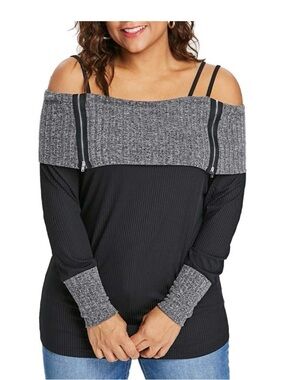 Belle Du Jour Two-Tone Off-Shoulder Black and Gray Sweater Date Night NWT